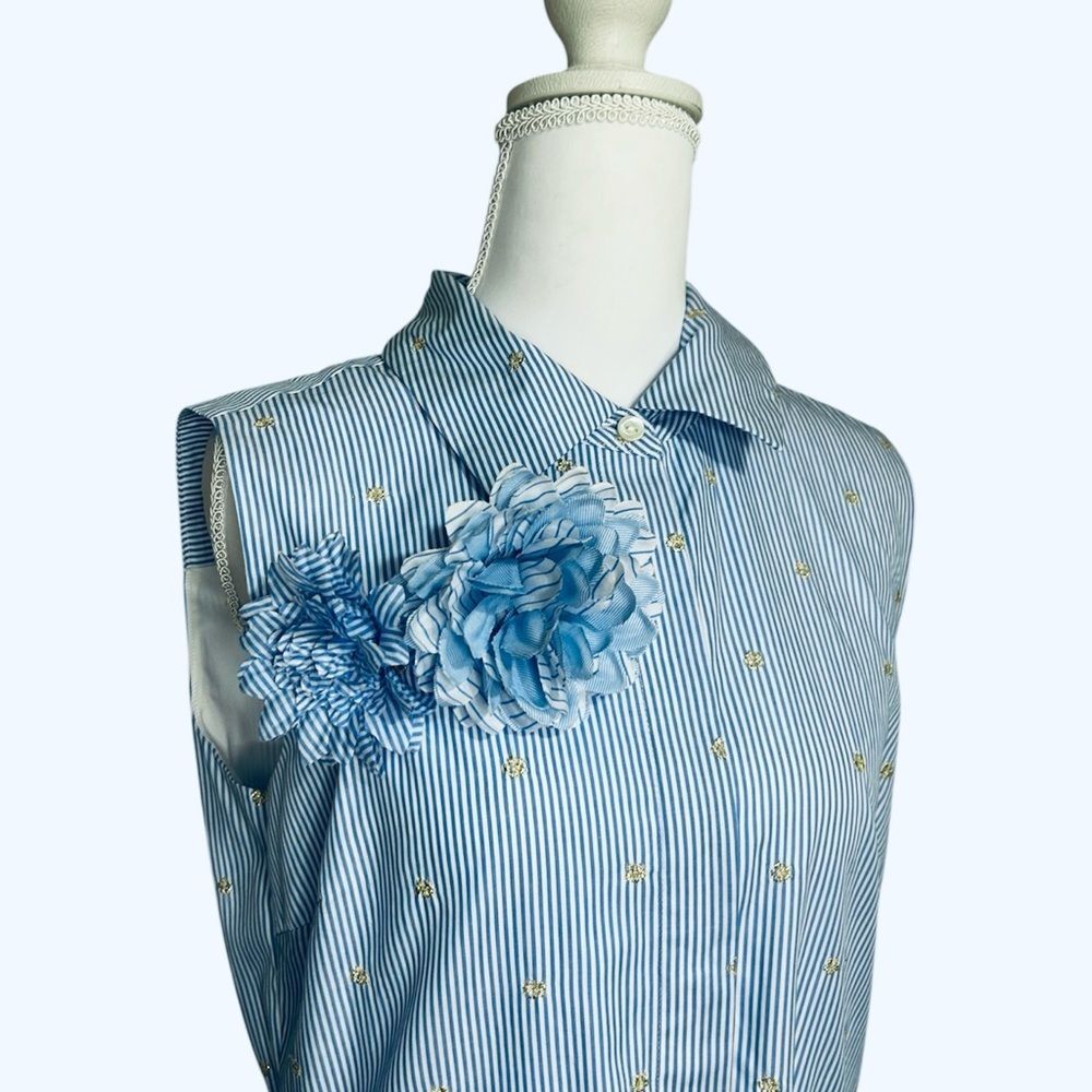 BADGLEY MISCHKA NEW SKY BLUE STRIPE FLORAL GOLD EMBROID MIDI DRESS 10 - Picture 5 of 13